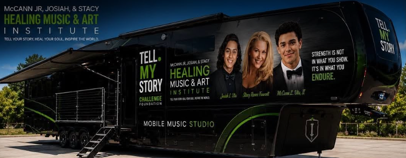 McCann Josiah Stacy Healing Music & Arts Mobile Unit — black mobile music studio trailer with Tellmystory branding