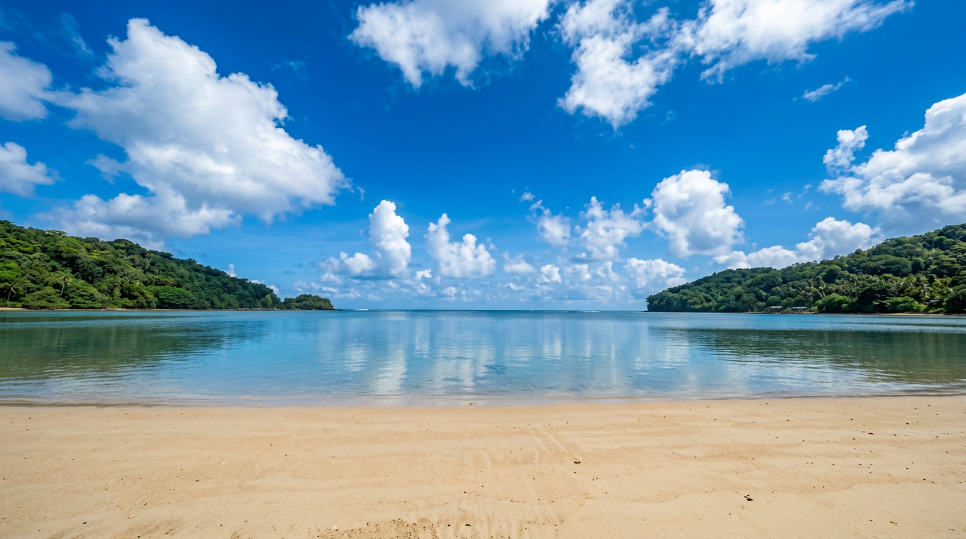 Quiet Pacific harbor — turquoise water, soft sand, cloud-streaked sky