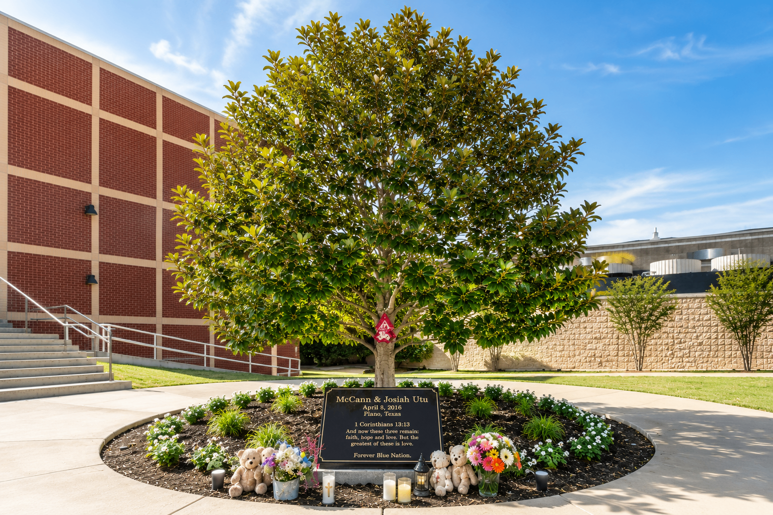 McCann & Josiah Utu memorial tree at Plano West High School, Plano, Texas